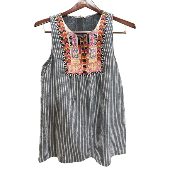 Entro Boho Striped Mini Dress with Colorful Embroidery - Size L - Picture 1 of 6
